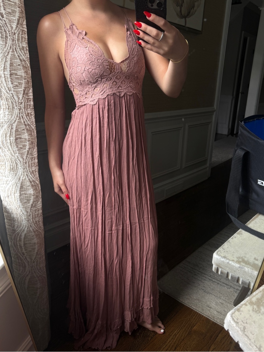 Free People Maxi Slip Dress in Dusty Rose with Lace Bodice